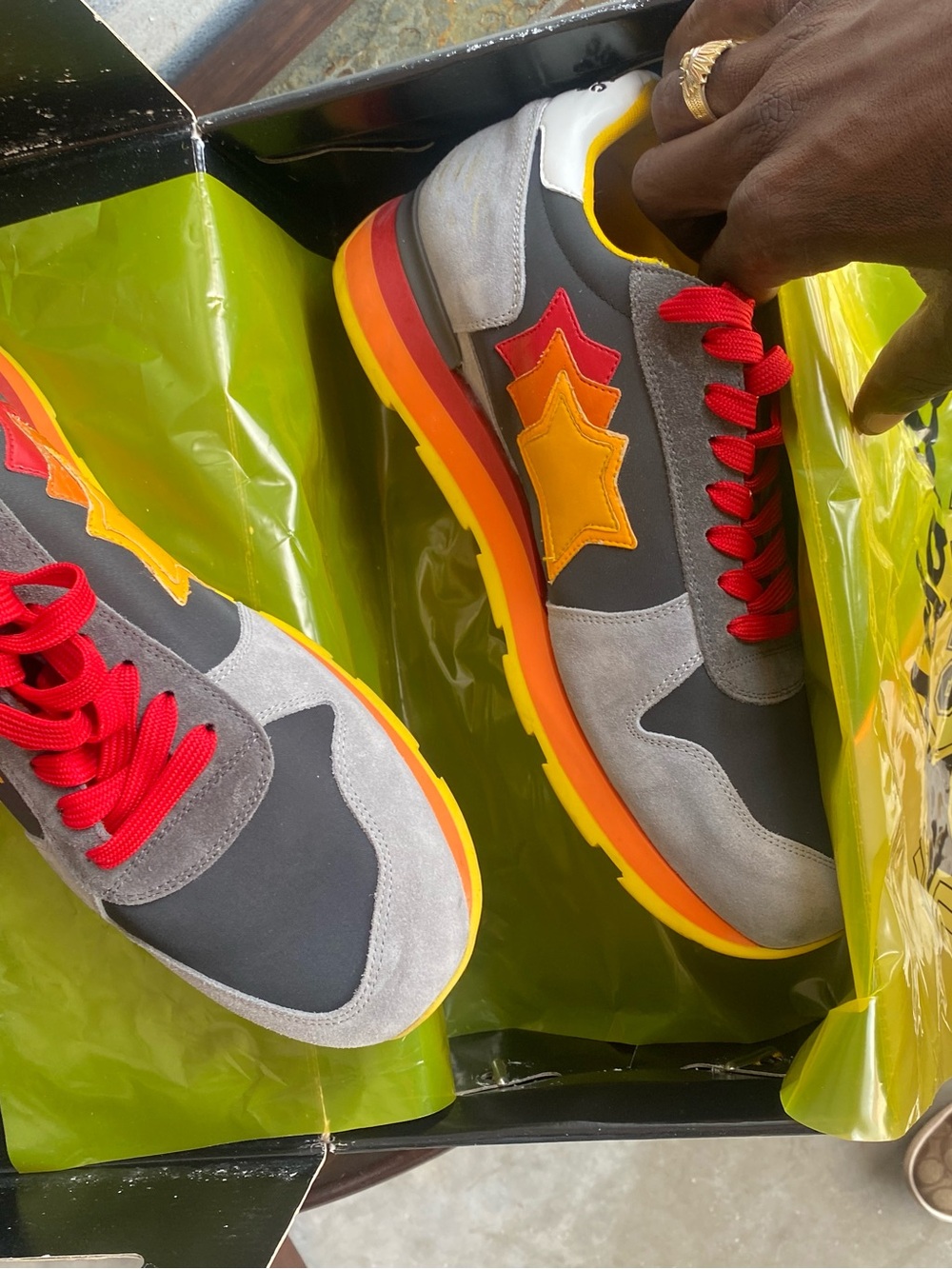 Atlantic stars Men's Grey Suede & Fabric Sneakers with Red Laces and Orange  obo